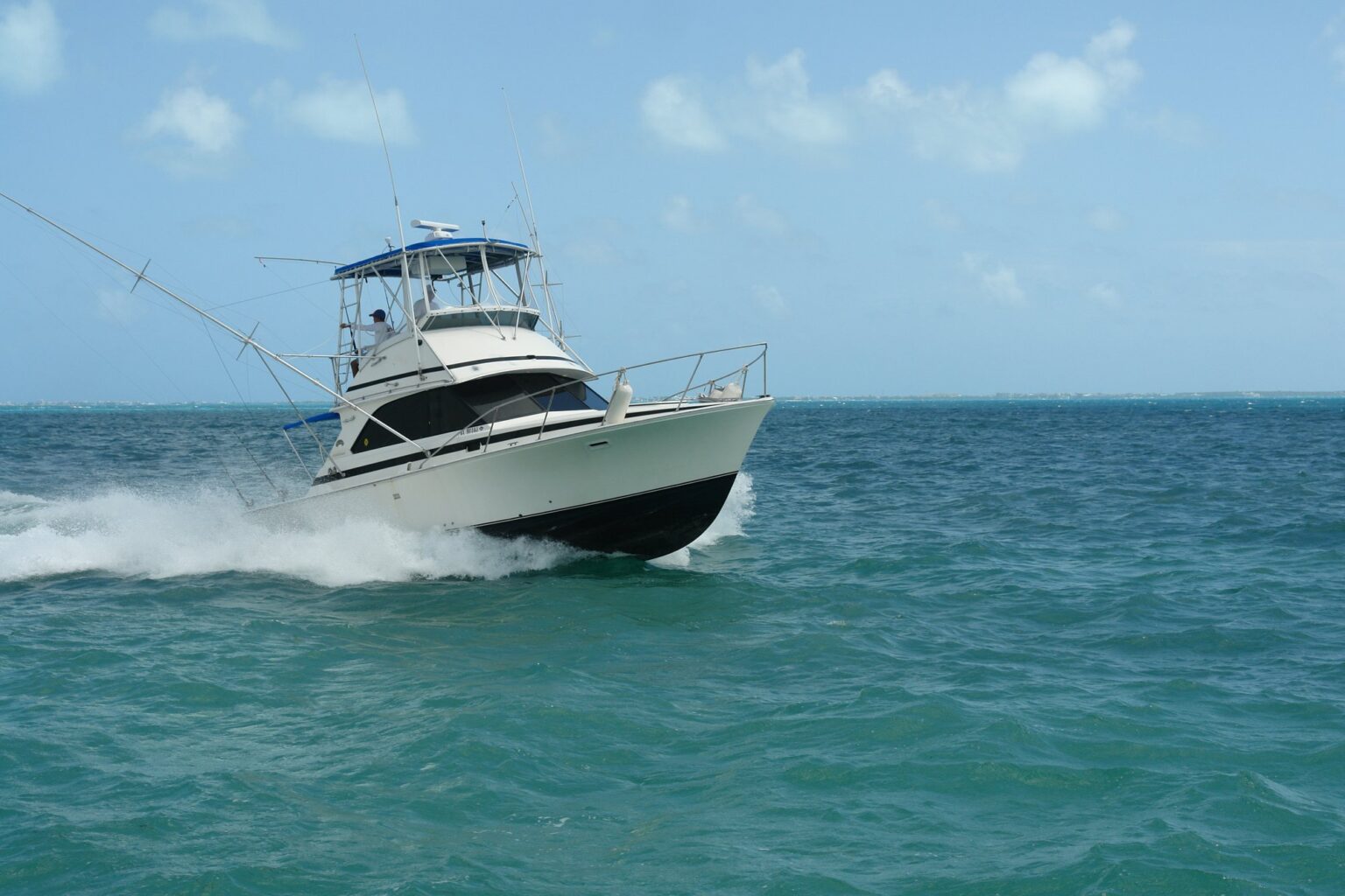 Fish’s 35 ft Bertram sportfishing boat at sea
