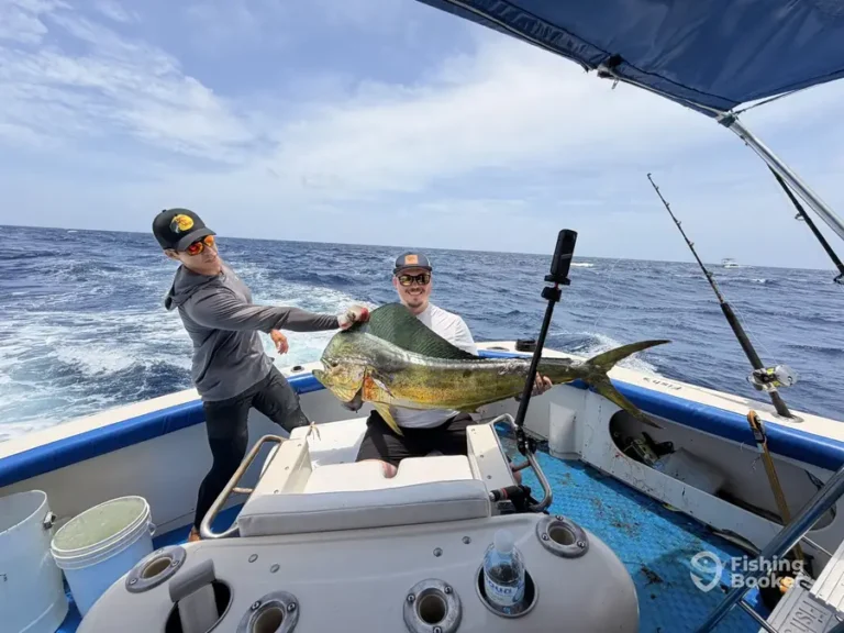 Angler fighting a trophy mahi aboard Fish’s