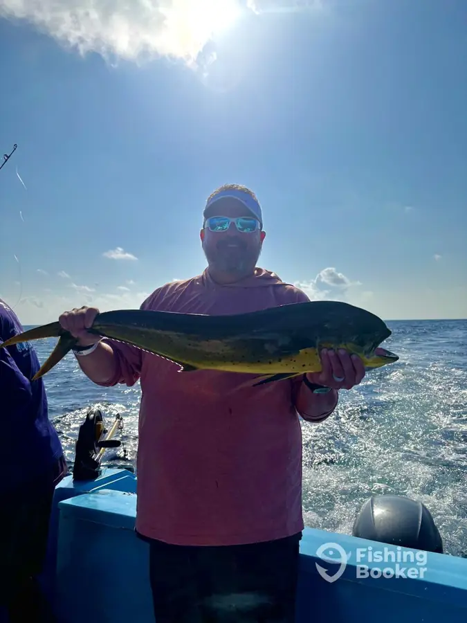Guest holding a mahi mahi aboard Nuj Kay