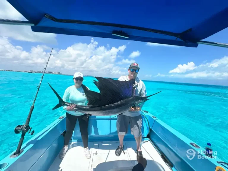 Guests with a sailfish aboard Nuj Kay