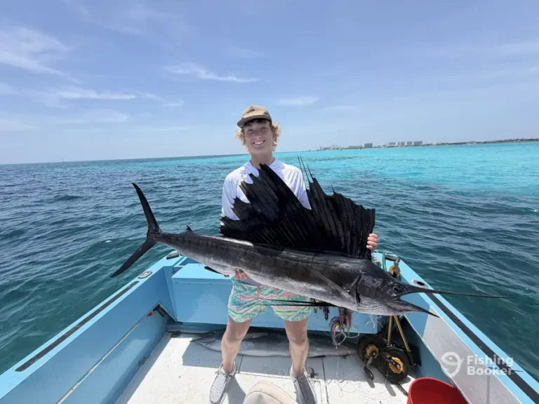 Young angler with a sailfish aboard Nuj Kay